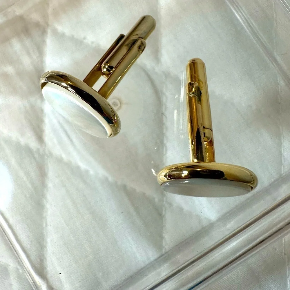 Mens Gold Tone Pearl Cufflinks Vintage Round Discs